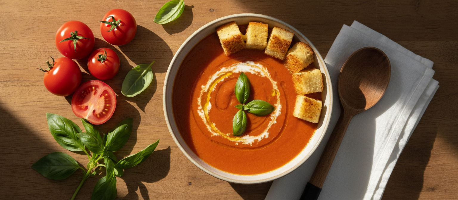 Creamy Roasted Tomato Basil Soup with Grilled Cheese Croutons gallery photo