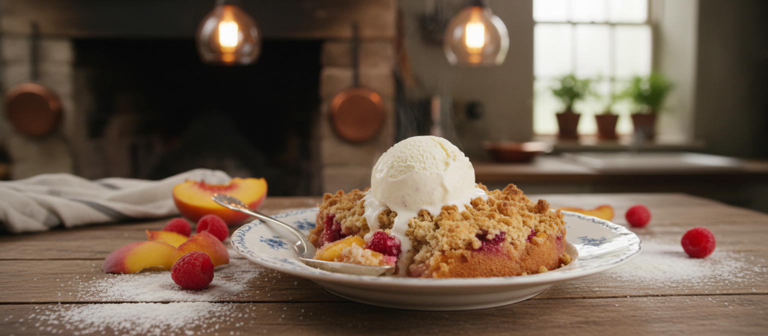 Peach Melba Crumble with Vanilla Ice Cream gallery photo