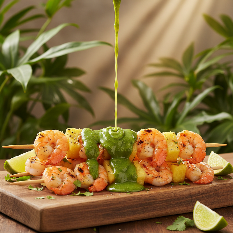 Grilled Pineapple and Shrimp Skewers with Cilantro Lime Sauce hero image