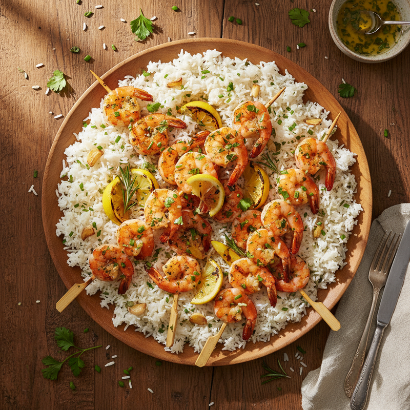 Lemon Herb Grilled Shrimp Skewers with Garlic Rice hero image