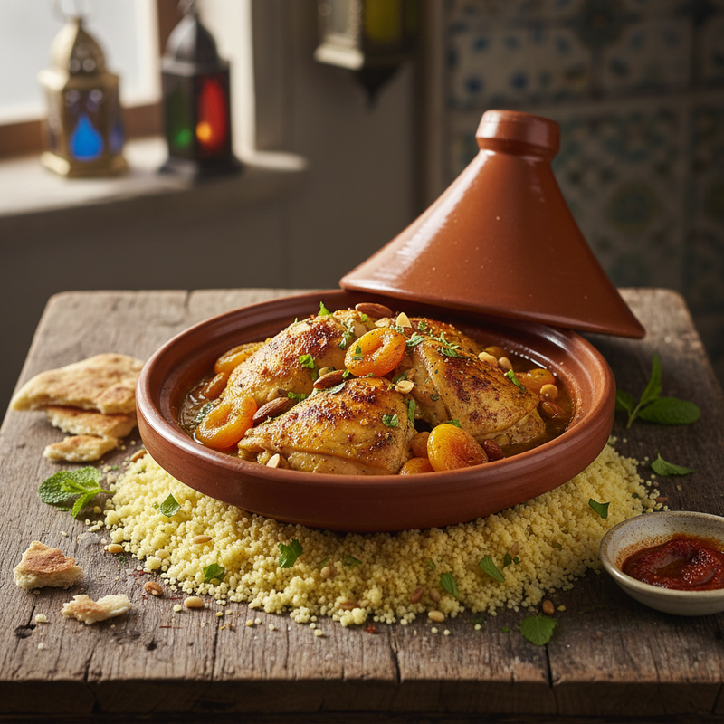 Moroccan Spiced Chicken Tagine with Apricots and Almonds hero image