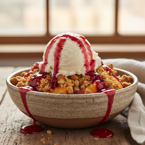 Peach Melba Crumble with Vanilla Ice Cream preview